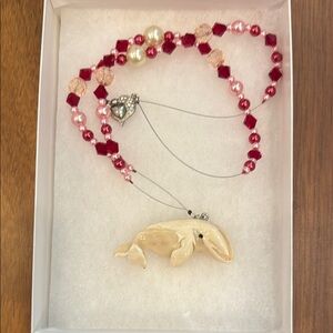 Ivory Whale Tusk Whale Pendant Pink Beaded Necklace